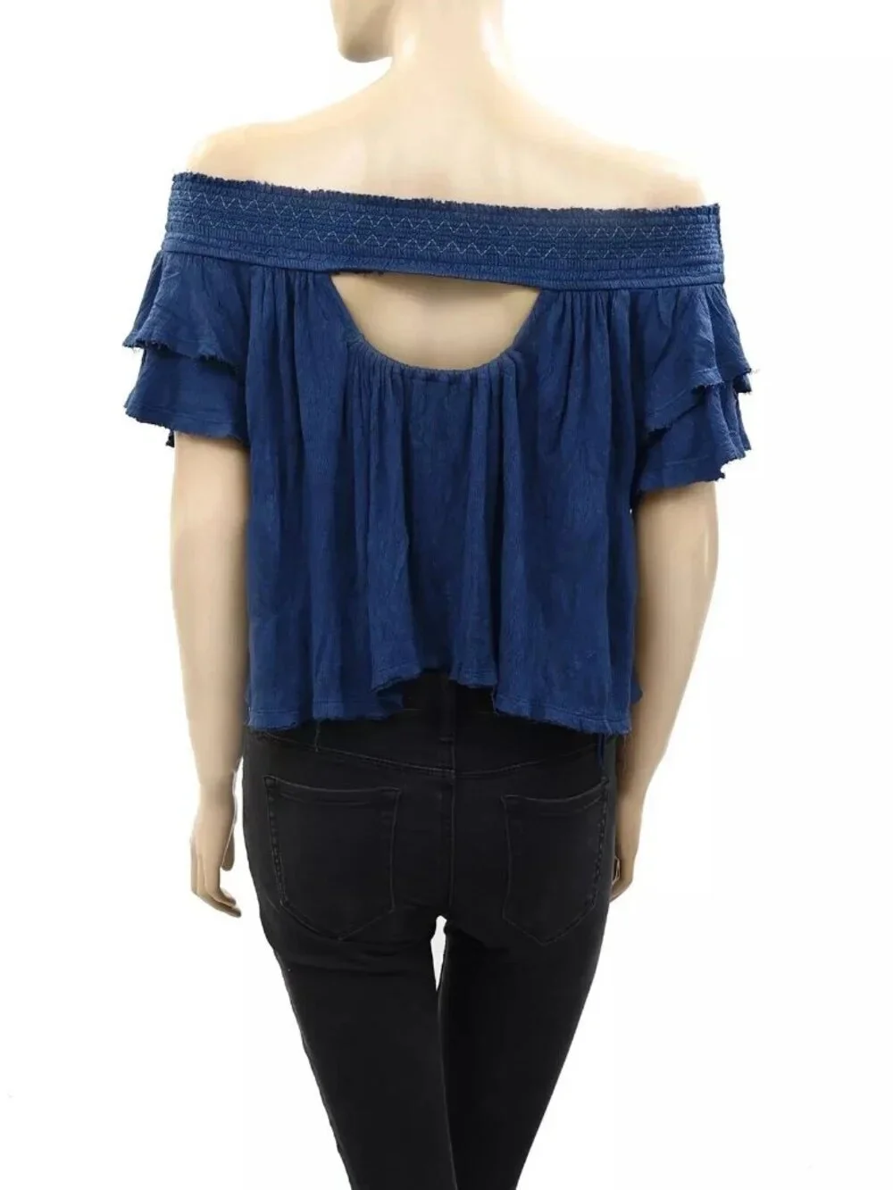 Free People Blue Santorini Off The Shoulder Blouse Top Ruffle Smocked S 290322